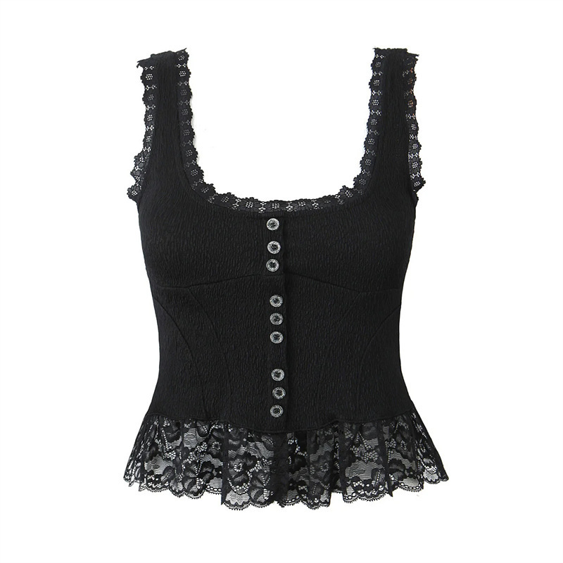 American Style Sexy Spice Girl Pure Desire Stitching Lace Vest Stitching Button Design U Neck Sleeveless Short Top