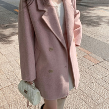 2024秋冬白色婴驼绒翻领双面呢外套中长款绵羊毛宽松羊绒大衣女