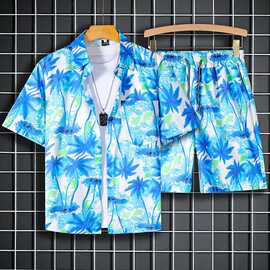 套装男夏季2025新款短袖衬衣夏威夷海南岛沙滩服海边度假花衬衫