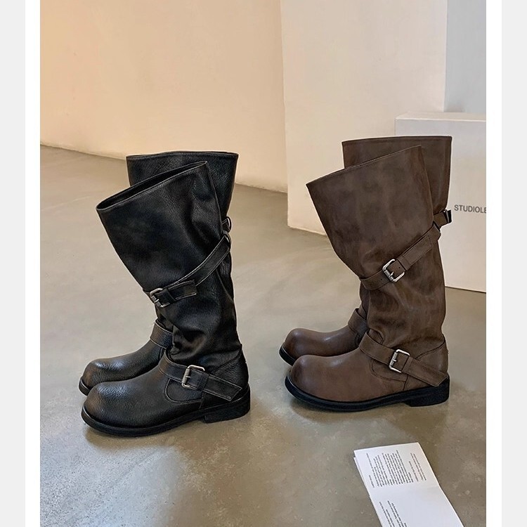 Grape Mom's Same Style Wide-Leg Round-Toe Pants Boots with Thick Heels and Thick Soles Genuine Leather Mid-Length Knight Boots for Women Winter
