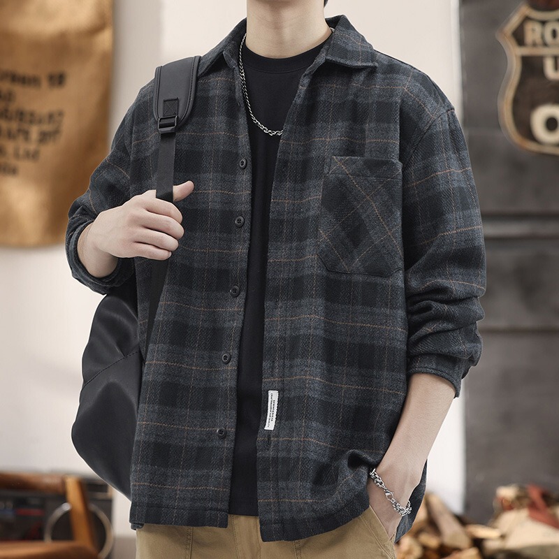 Plus Size Autumn Retro Plaid Shirt for Men, Long Sleeve Loose Woolen Shirt, Casual Thickened Jacket Trendy