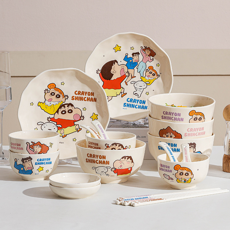 Crayon Shin-chan nuevo estilo vajilla de cerámica tazón de arroz juego de platos lindos para el hogar sopa de arroz vajilla cuchara serie familiar