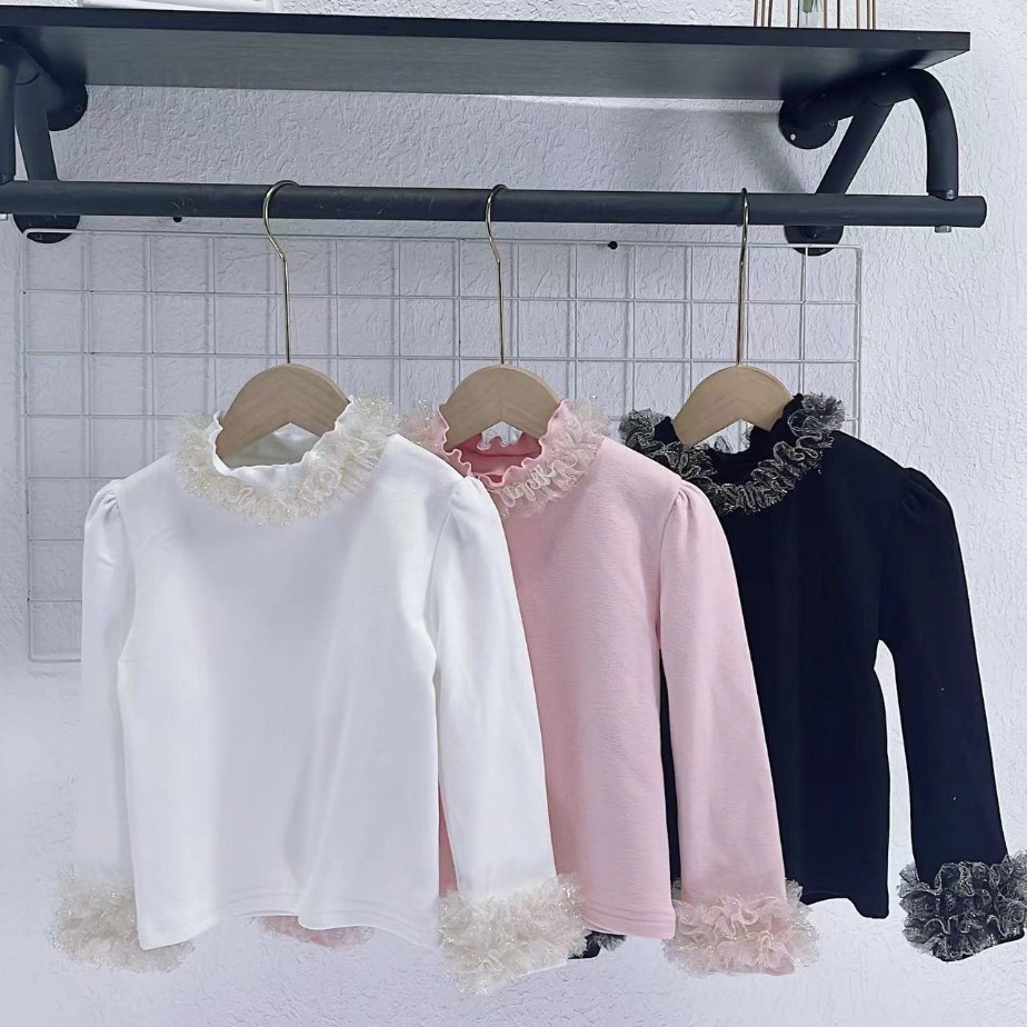 Women's 2024 Spring New Floral Edge Long-Sleeve Top for Girls, Stylish, Wholesale for Middle and Small Children Spring Outfit