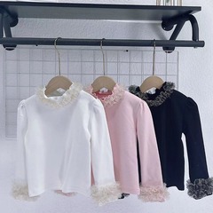 Women's 2024 Spring New Floral Edge Long-Sleeve Top for Girls, Stylish, Wholesale for Middle and Small Children Spring Outfit