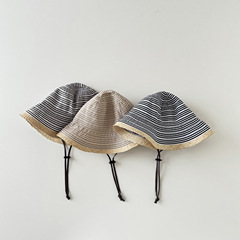 秋南 兒童草帽夏季拉菲草拼接太陽帽盆帽出遊防曬女童時尚遮陽帽