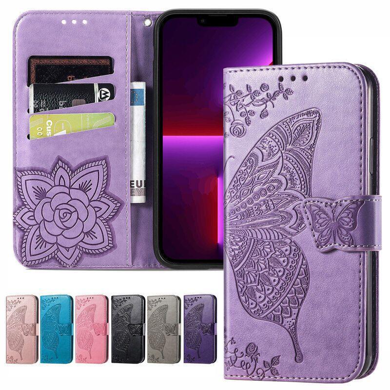 Suitable for iPhone 17 Embossed Butterfly Phone Case, Apple 16 Flower Butterfly Card-Insert Flip Cover Embossed Leather Protective Case