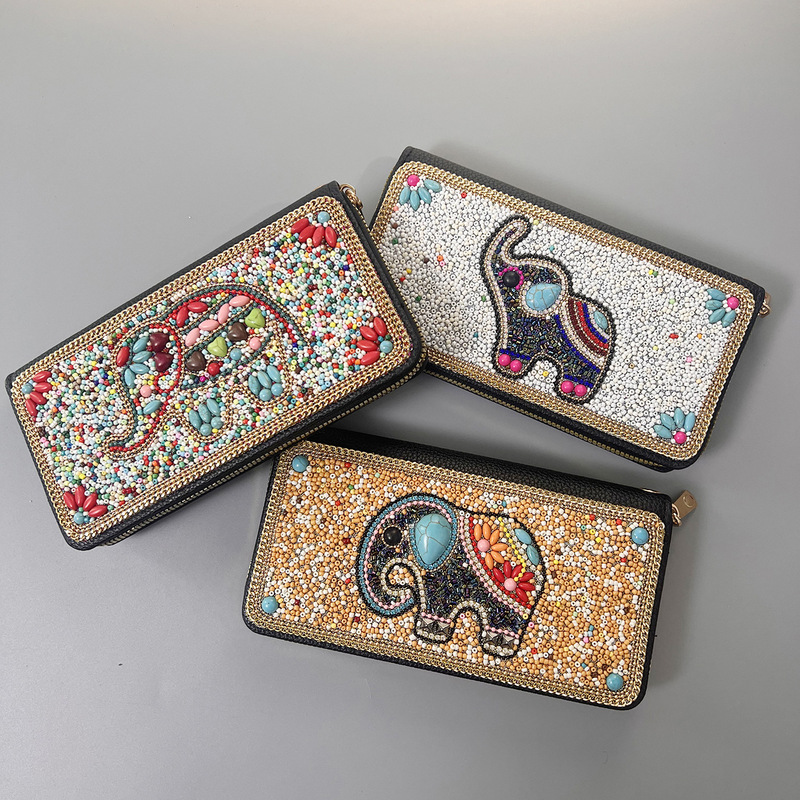 Cross-Border Popular Item: Auspicious Elephant Seed Bead Clutch Bag, Xinjiang Souvenir, Hand-Held Evening Bag, Large Capacity Women's Wallet