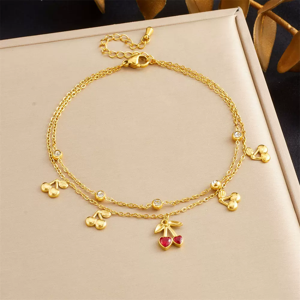 韩版时尚甜美百搭镶钻心形樱桃吊坠双层叠戴不锈钢链条镀金脚链