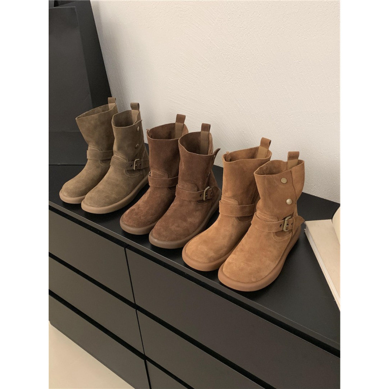 2025 Retro Casual Shoes Women's Short Boots Casual Korean Style Soft Sole Boots Mid-Calf Nude Boots