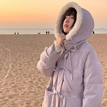 白鸭绒羽绒服女学生2025新款绑带中长款拼接羊羔毛加厚保暖外套