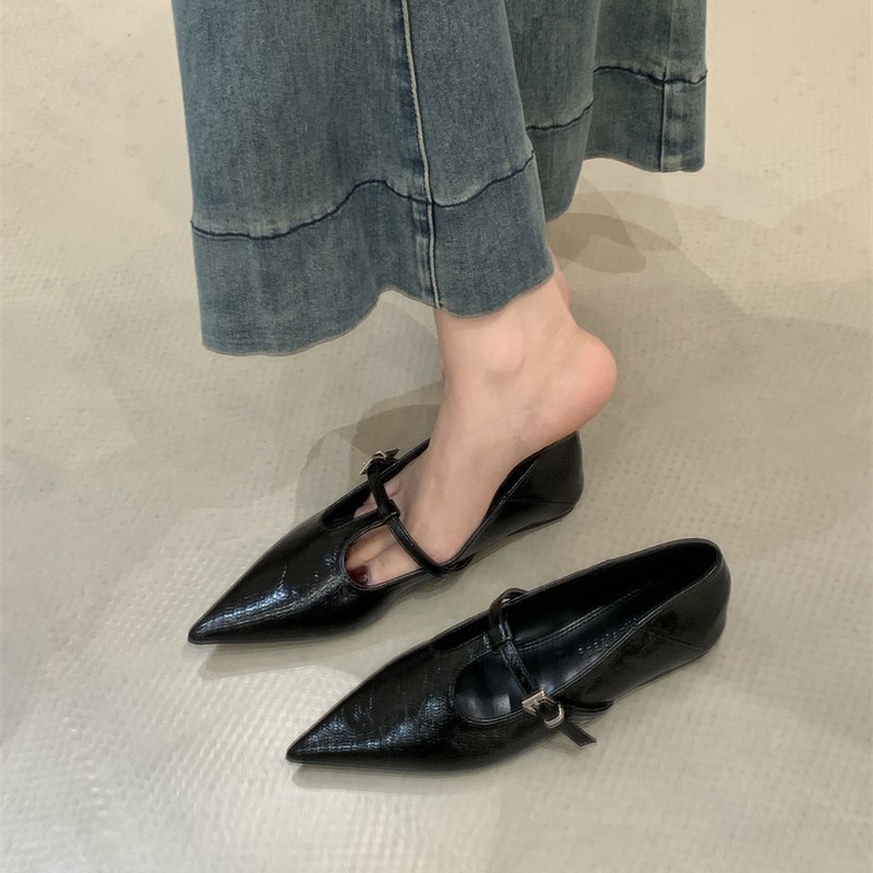 法式玛丽珍鞋2025年新款尖头t字扣带浅口黑色百搭平底单鞋女鞋子|undefined