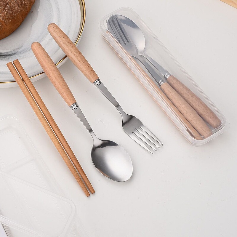 Portable cutlery set, including fork, spoon, and chopsticks, with beechwood handles, stainless steel fork and spoon, and wooden chopsticks, presented in a gift box for easy storage Portable cutlery set, including fork, spoon, and chopsticks, with beechwood handles, stainless steel fork and spoon, and wooden chopsticks, presented in a gift box for easy storage
