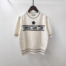 D家早春新款五角星刺绣毛织女短袖轻熟风百搭短款针织短袖