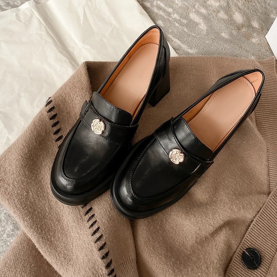 ins 韩国! 7.5cm小个子显腿长~山茶花圆头高跟鞋女单鞋乐福小皮鞋