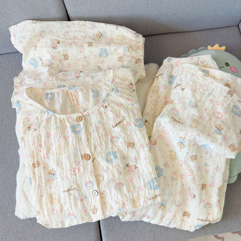 Cute Puppy Cloud Pure Cotton Gauze Pajamas for Women Summer Thin Short-Sleeved Summer Student Round Neck Home Clothes Three-Piece Set Cute Puppy Cloud Pure Cotton Gauze Pajamas for Women Summer Thin Short-Sleeved Summer Student Round Neck Home Clothes Three-Piece Set