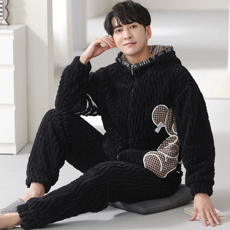Мужская зимняя фланелевая пижама для отдыха, с рисунком из мультфильма, сохраняющая тепло, с застежкой-молнией, комплект, корейский стиль