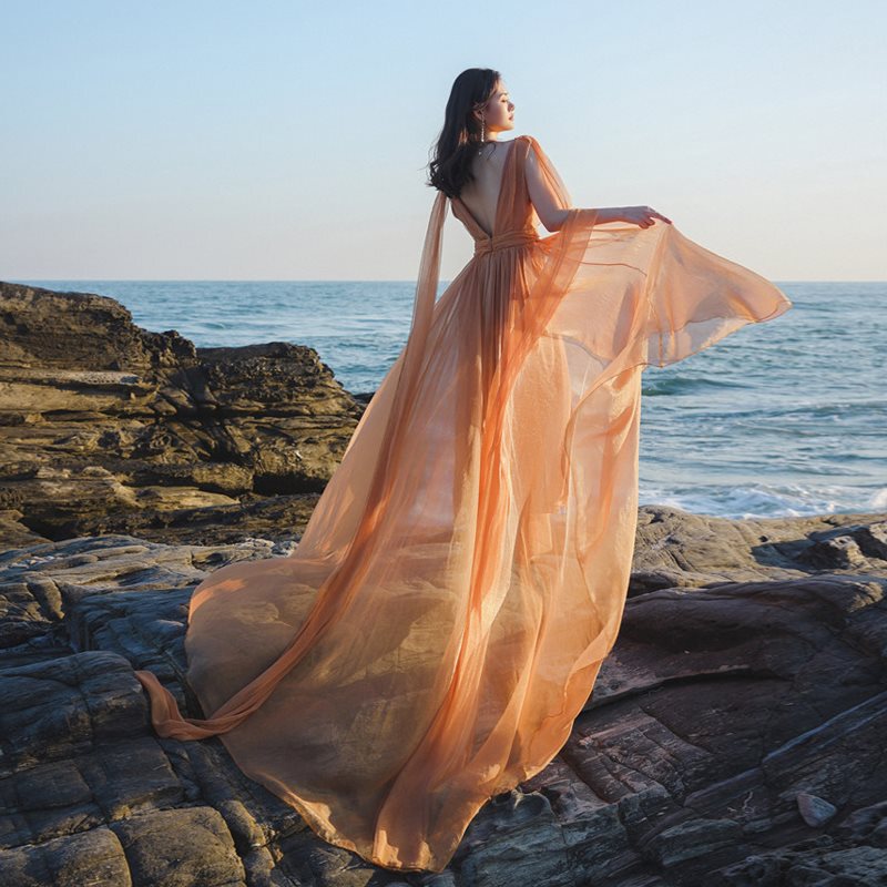 White Elegant Long Dress Sling Floor Light Wedding Dress dress Super Long Beach Dress Seaside Photo Clothes Super Fairy