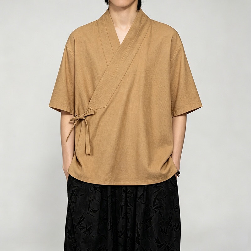 Chinese-Style Diagonal-Collar Improved Hanfu for Men, Summer New Chinese-Style Loose Short-Sleeve Tie-Up Retro Artistic Tea Attire Monk Clothing