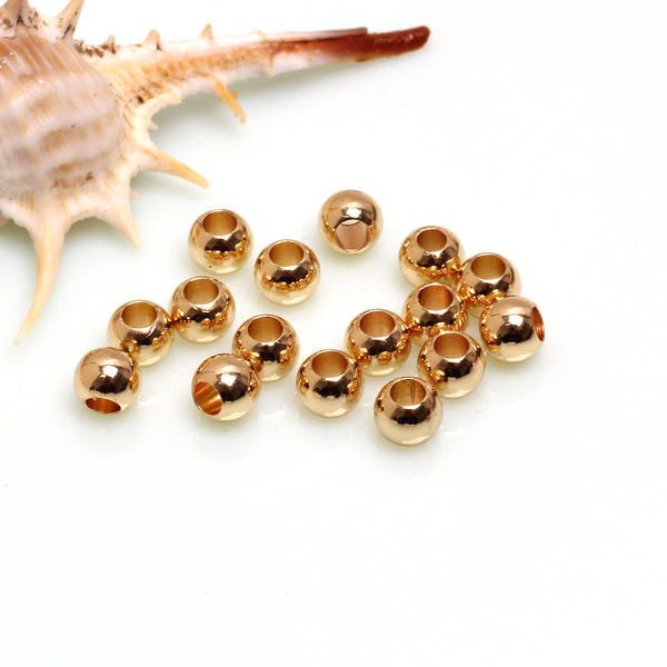 14K Gold-Plated Large Hole Gold Beads, Smooth Solid Copper Beads, DIY Accessories, Bracelet Beads, Spacer Beads, Loose Beads, Round Beads
