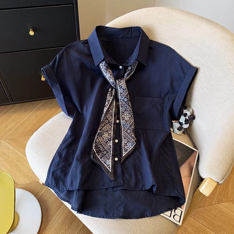 Blue Polo Collar Sleeveless Shirt with Silk Scarf for Women, Summer 2025 New Style, Loose Casual Shirt, Elegant Slimming Top