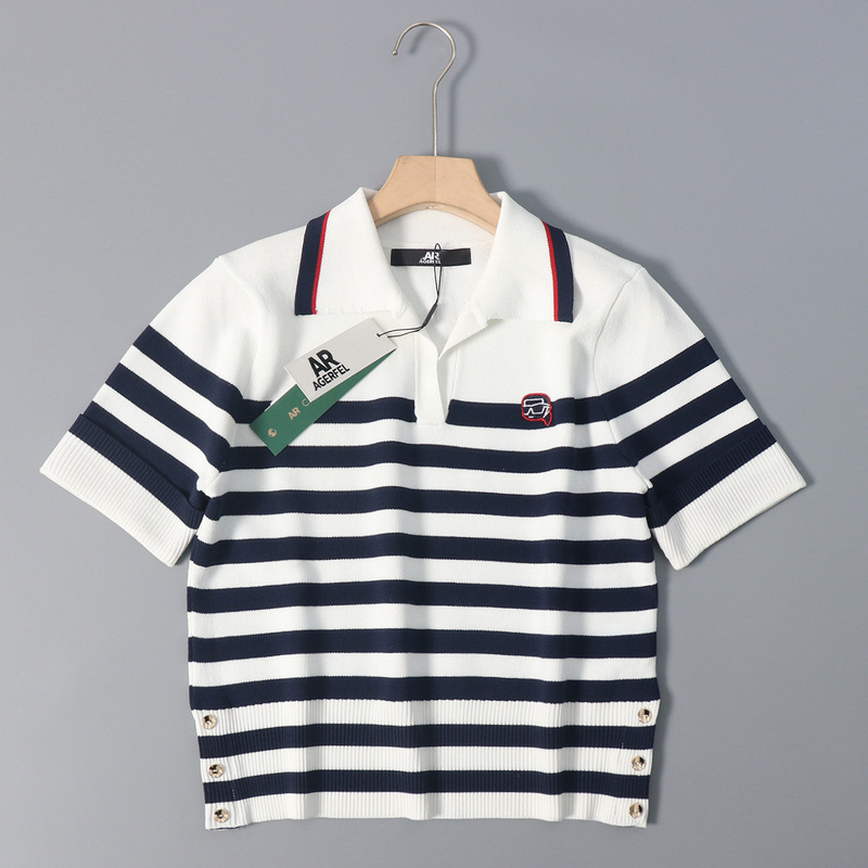 New American K 2025 Chanel Style Elegant Striped V Lap Short Cuff Short Sleeve Sweater RC