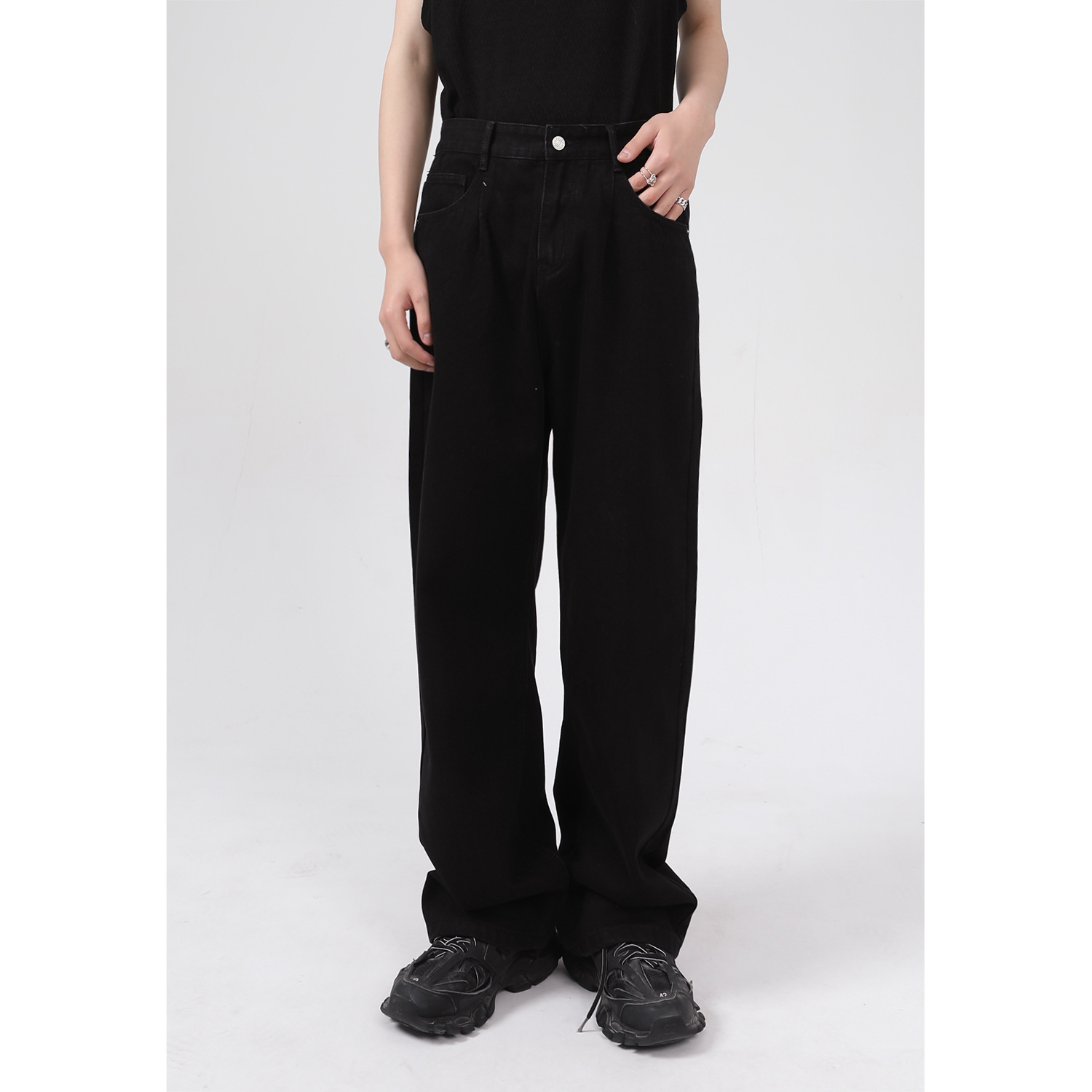 MTLCLOTHES ropa de hombre | Jeans Negros Lavados de Estilo Coreano, Corte Holgado, Color Sólido, Simples, Casuales y Rectos para Hombre