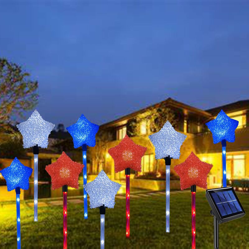 Solar-Powered Red, Blue, and White Star Lights Led1 with 9 Lights for Garden Outdoor Patriotic Decoration Independence Day Courtyard Lights Lawn Lights Solar-Powered Red, Blue, and White Star Lights Led1 with 9 Lights for Garden Outdoor Patriotic Decoration Independence Day Courtyard Lights Lawn Lights