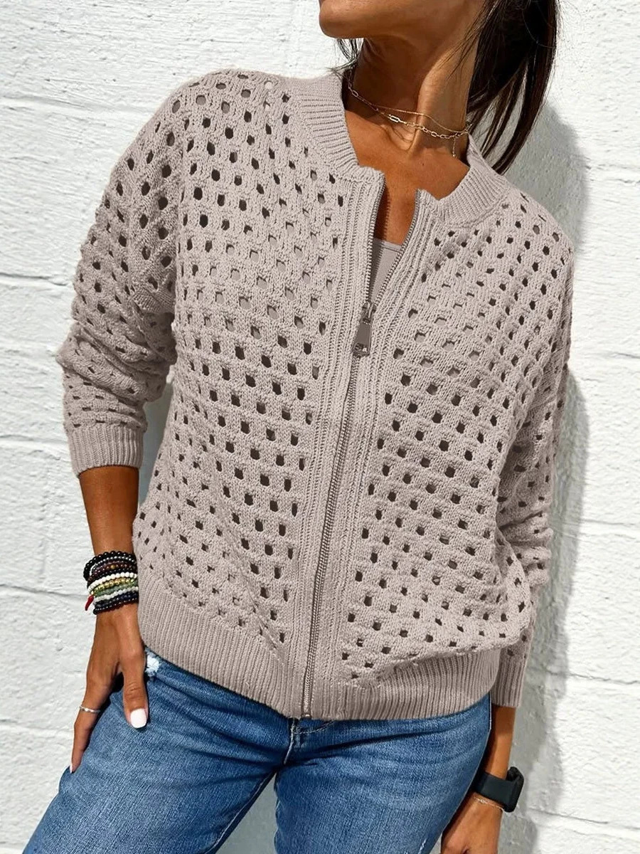 2026 nueva estación independiente de Amazon Europa y Estados Unidos ropa de mujer casual jersey hueco chaqueta con cremallera de punto chaqueta de mujer