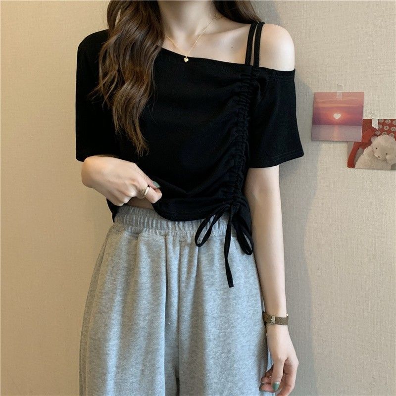 フレンチワンショルダー オフショルダー 半袖 Tシャツ レディース 夏デザイン ニッチ ユニーク シック ショート ドローストリング トップ|undefined