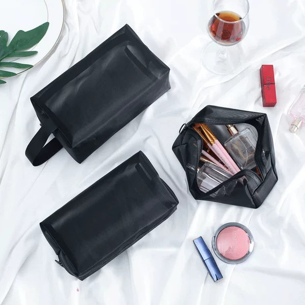 Korean Style Black Mesh Storage Bag Three-Piece Set Outdoor Travel Toiletry Bag Portable Mesh Zipper Storage Bag Wholesale