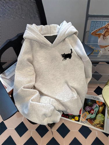 Heavyweight 500G Hooded Sweatshirt with Cartoon Cat Print, Stylish, Fleece Lined, Thick Outerwear - New Arrival Model 024