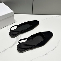 升級版~小眾款綢緞包頭涼鞋女平底真皮後空涼拖鞋氣質穆勒鞋