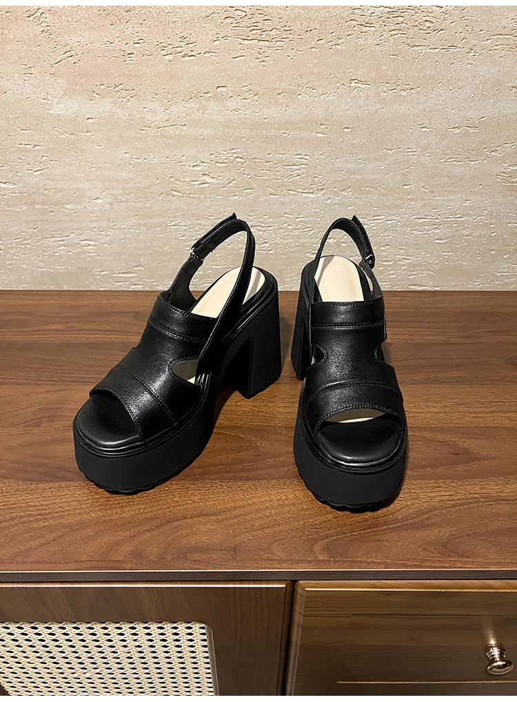 Sandal hở mũi nữ đế siêu dày 12cm quai ngang phong cách La Mã, khóa dán, gót vuông — màu đen, màu trắng ngà chi tiết 18