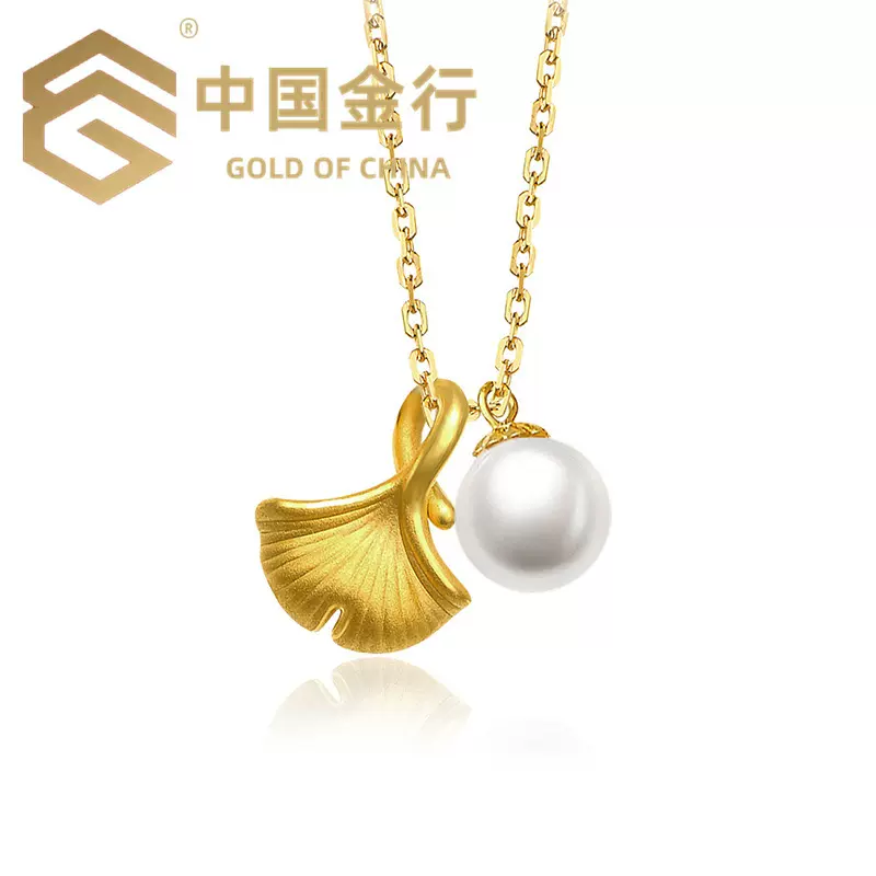 韩国复古天然珍珠足金银杏叶项链韩版博主网红直播爆款黄金