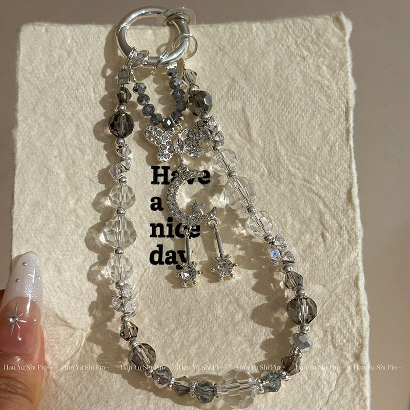 Fashionable and Fresh Crystal Beaded Heart Bow Elf Ear Stickers Phone Charm Sweet Moon Pendant