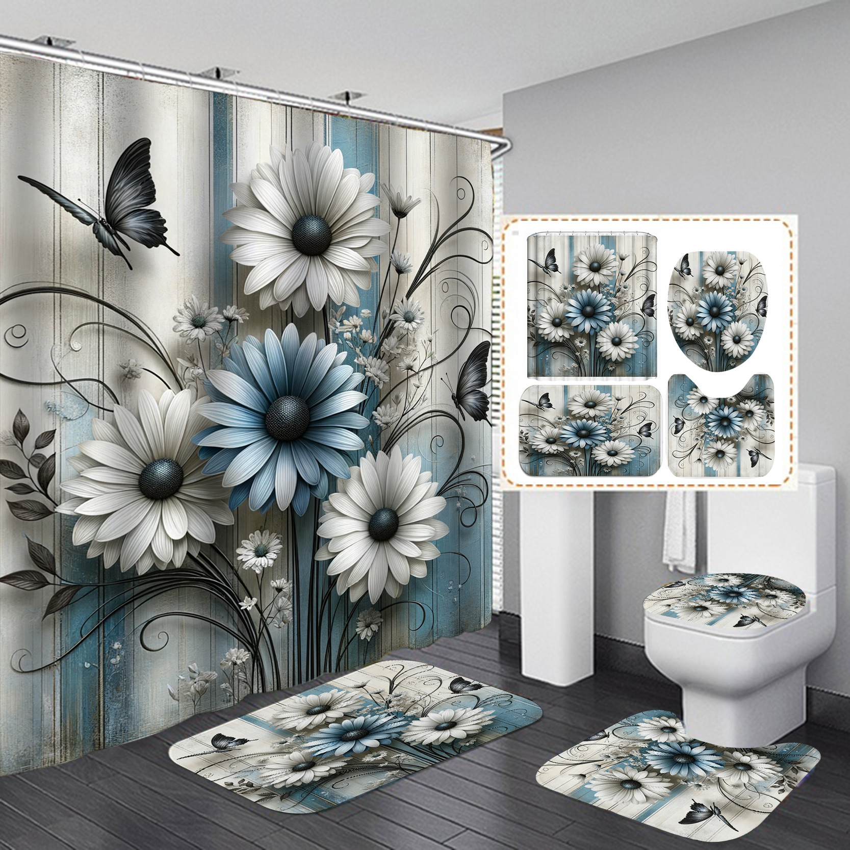 Flor de mariposa impresa cortina de baño a prueba de agua a prueba de moho nuevo tipo de tela retro sin perforación baño cortina de baño