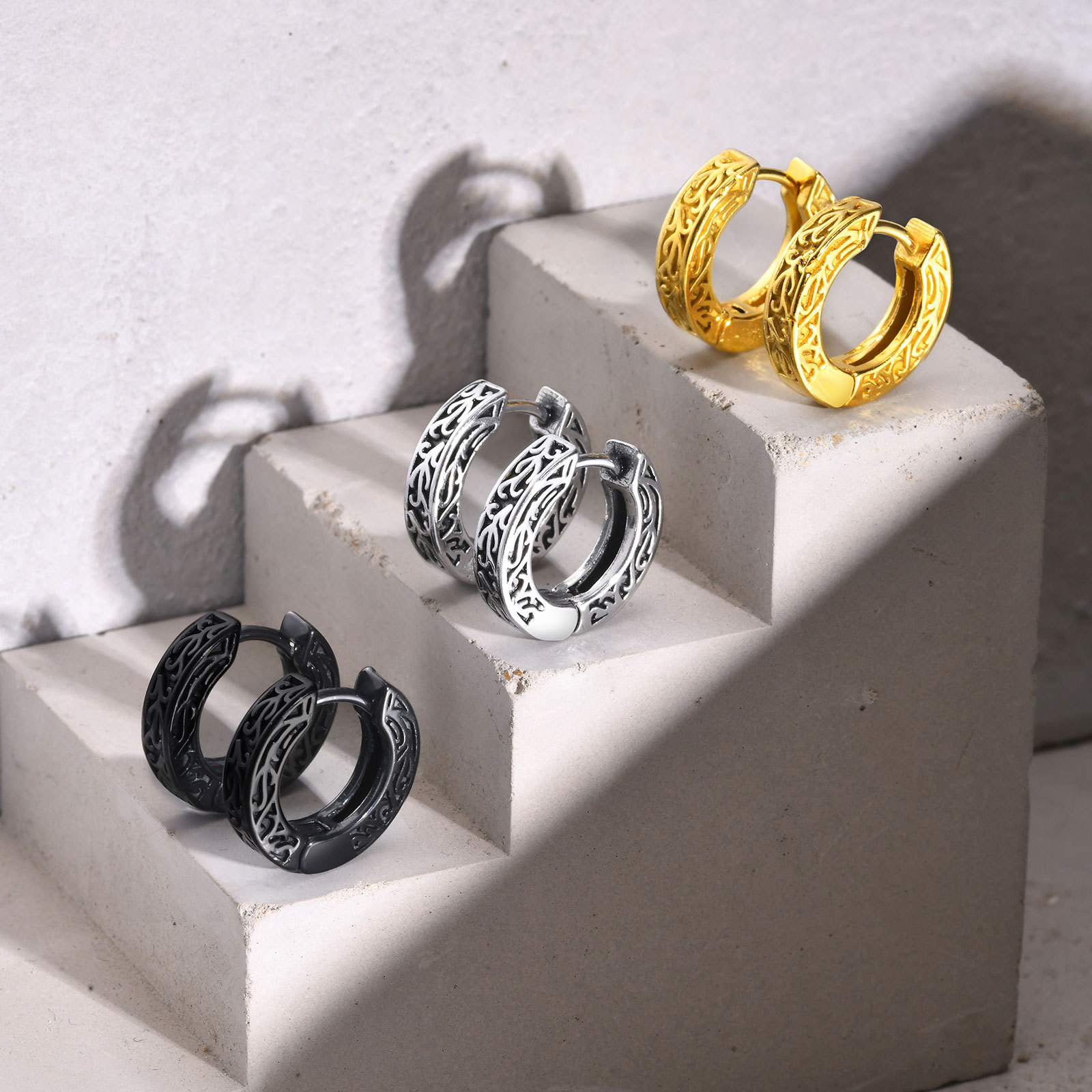 Personality men's stainless steel pattern earring steel earrings retro hip-hop spring creek EH-699