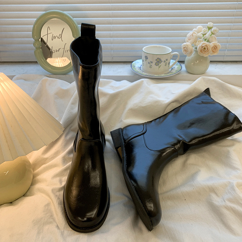 Short Boots Women's Fall/Winter fleece-lined Thick Heel Western Cowboy Boots 2024 Retro Mid-Boots Round Toe One-Step Martin Boots Women