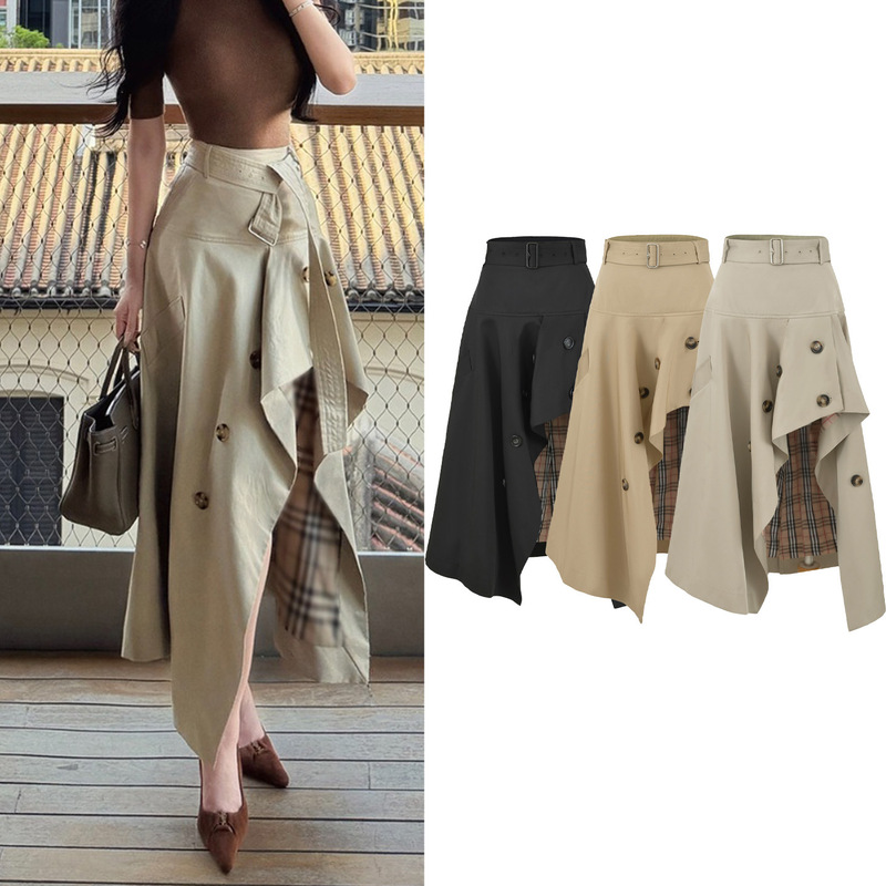 High-waisted trench coat-style skirt, women's new autumn collection, workwear A-line skirt with irregular patchwork and plaid lining, slimming and versatile High-waisted trench coat-style skirt, women's new autumn collection, workwear A-line skirt with irregular patchwork and plaid lining, slimming and versatile