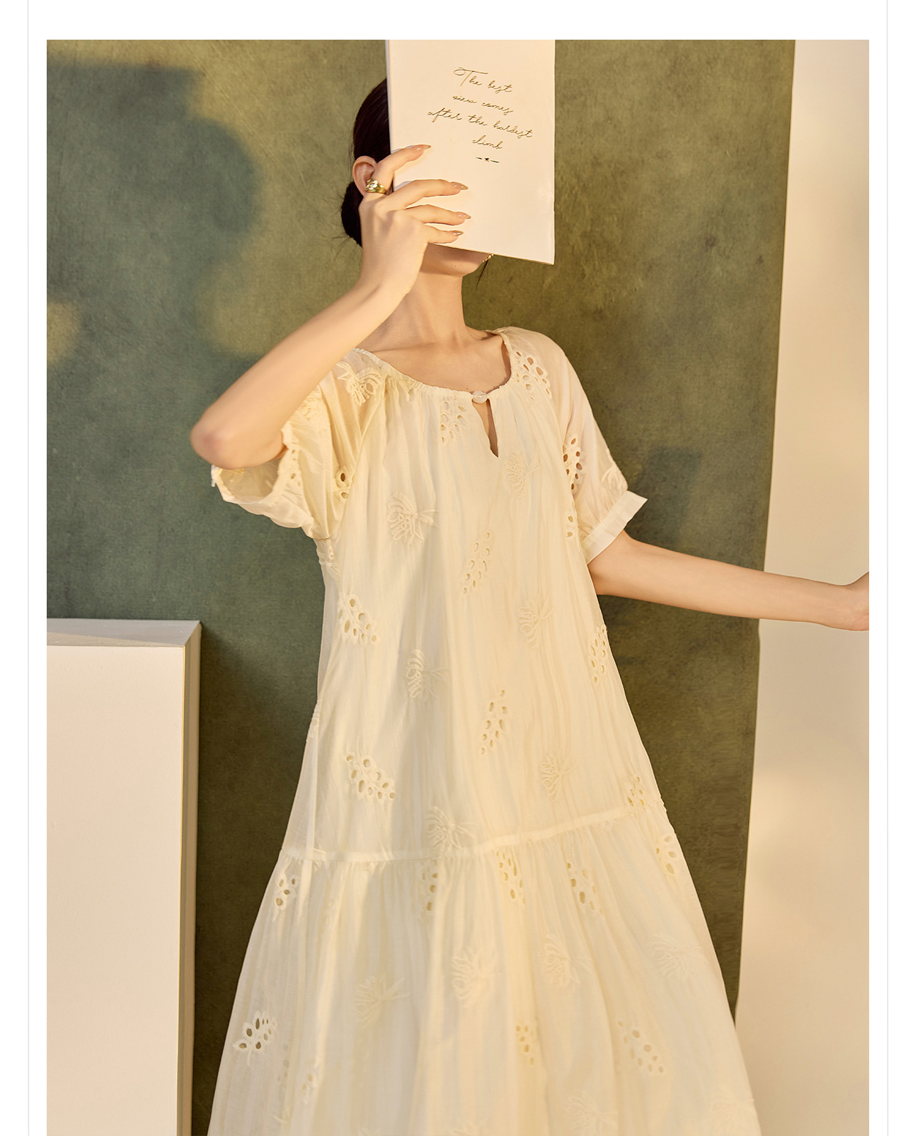 Váy suông midi Tencel phong cách Trung Quốc mới tay ngắn cổ tròn — Màu trắng be chi tiết 9
