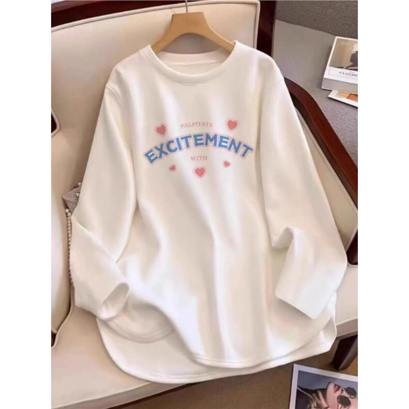徳絨磨毛丸首長袖tシャツ女性の中の長さは厚い白い中に底のシャツの上着を掛けます。|undefined