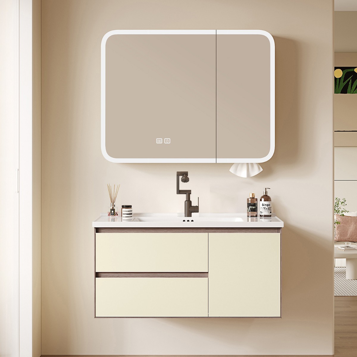 Gabinete de baño de crema de aire, lavabo de panal, lavabo de mano, lavabo de cara, lavabo de cerámica integral, lavabo de baño, espejo de belleza