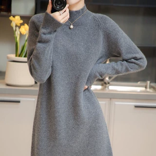 秋冬新款时尚半高领毛衣裙中长款纯色慵懒风百搭打底衫连衣裙女装