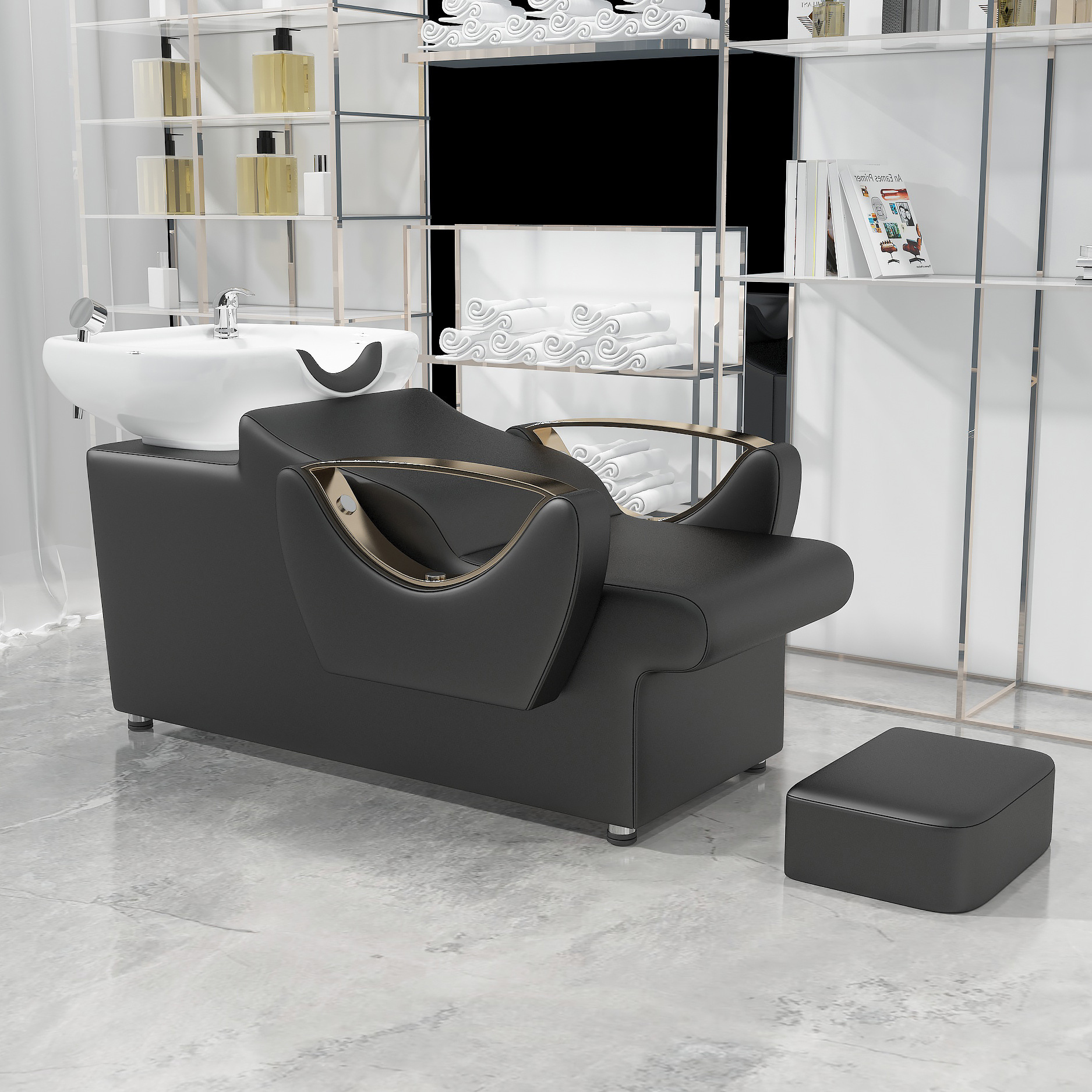 Barbería cama de lavado de cabello semi-recostada cama de lavado de cabello salón de peluquería lavabo de cerámica sillón con pedal cama de lavado de cabello de cuero