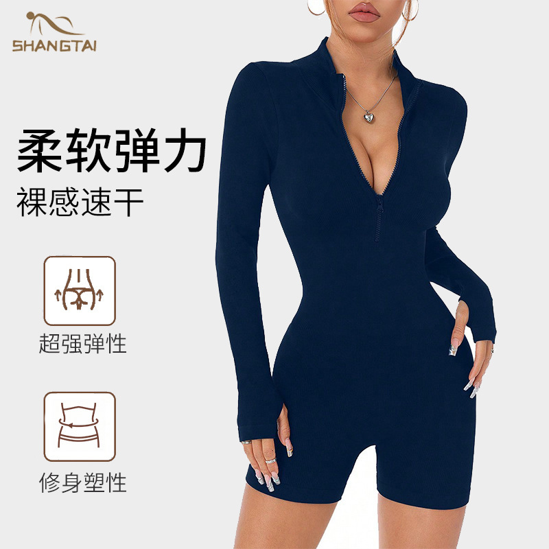 Cross-Border Zipper Cloud-Feel Long-Sleeve One-Piece Aerial Yoga Suit, Long-Sleeve High-Intensity Fitness Sports One-Piece Bodysuit