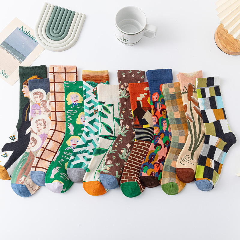 New Style Oil Painting Socks Women's Retro Trendy Autumn and Winter Abstract Art Socks European and American Creative Combed Cotton Women's Mid-tube Socks New Style Oil Painting Socks Women's Retro Trendy Autumn and Winter Abstract Art Socks European and American Creative Combed Cotton Women's Mid-tube Socks