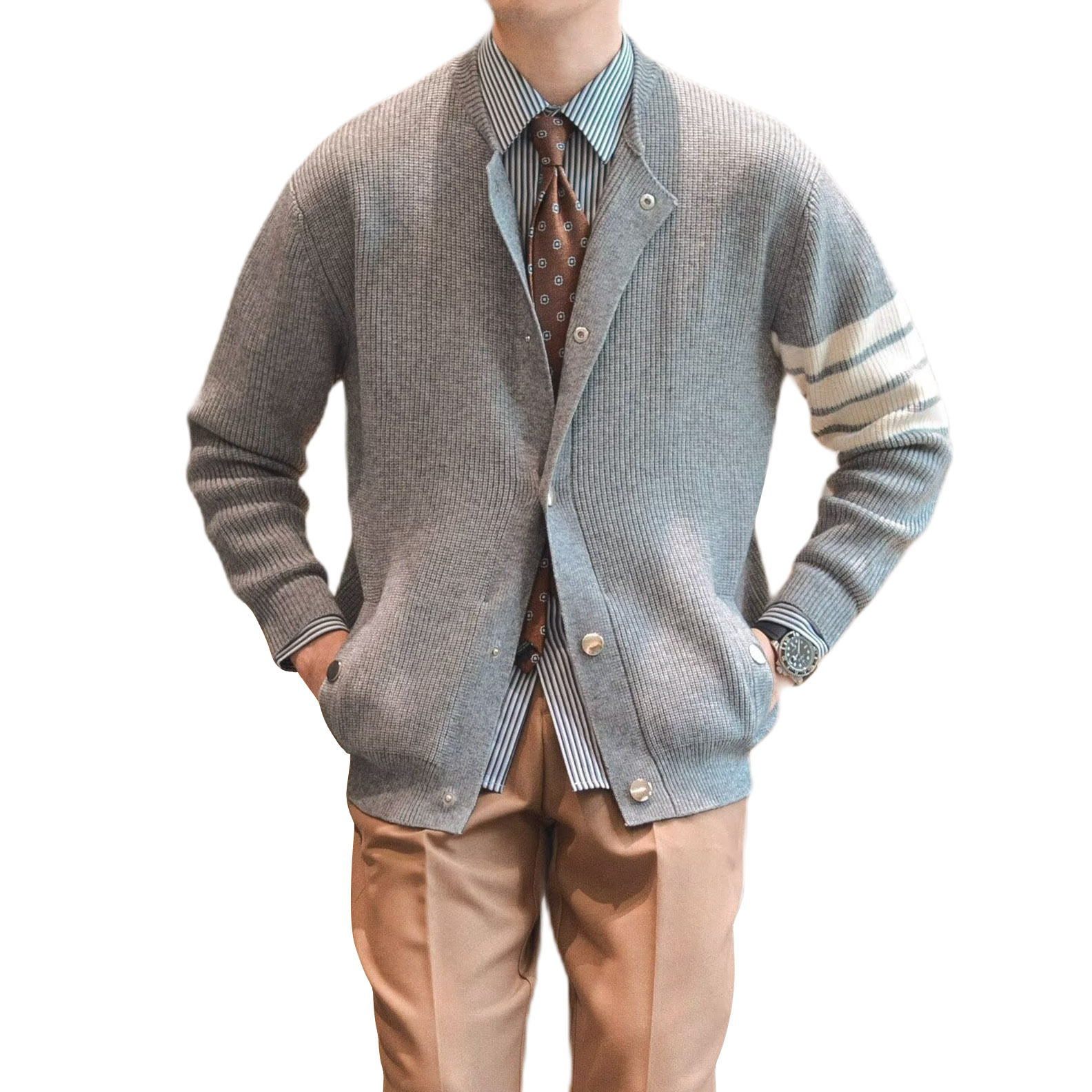 Explosiones transfronterizas de tamaño europeo de tres barras jersey de punto suéter cardigan chaqueta de negocios otoño invierno fábrica al por mayor