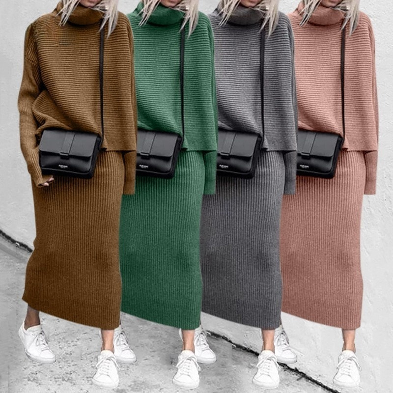 Amazon 2026 Cross-Border New European and American Women's Knit Skirt Suit Solid Color Leisure Long-Sleeve High-Neck Warm Sweater Amazon 2026 Cross-Border New European and American Women's Knit Skirt Suit Solid Color Leisure Long-Sleeve High-Neck Warm Sweater