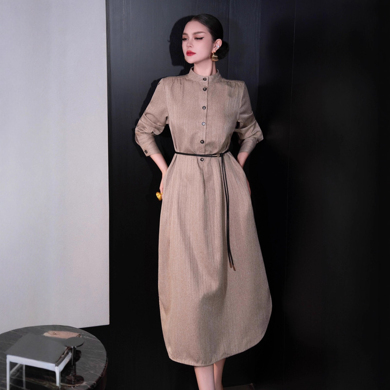 2025 New Stand Collar Dress for Women Khaki Waist Tie Mid-Length Single-Breasted Shirt Dress