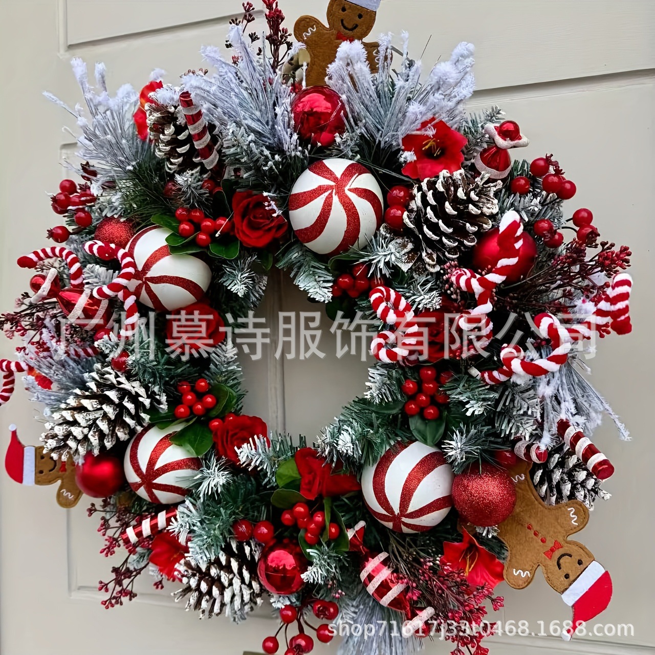 圣诞节装饰花环跨境爆款圣诞球仿真松果门挂装饰Christmas Wreath